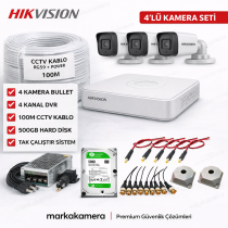 Hikvision 4’lü Güvenlik Kamera Seti 2MP Bullet Kamera + 4 Kanal DVR + 100 Metre Kablo + 500GB Disk Tak Çalıştır Sistem