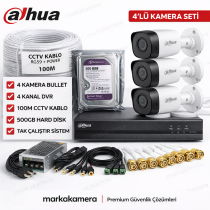 Dahua 4’lü Güvenlik Kamera Seti 2MP Bullet Kamera + 4 Kanal DVR + 100 Metre Kablo + 500GB Disk Tak Çalıştır Sistem